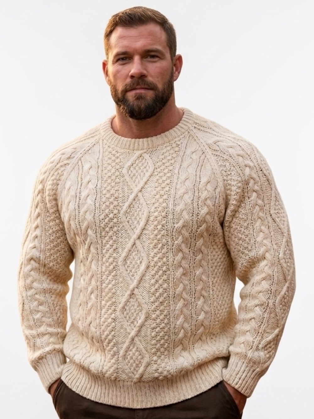U.S. Polo Assn. Handsome Cream Cable Hand Knit Crewneck Sweater Wool Acrylic XL